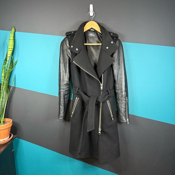 Mackage Dale Black Trench Coat with Leather Sleeves - Picture 5 of 16